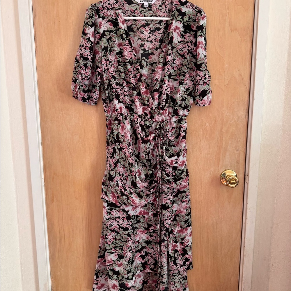 Walter Baker Black Pink Floral Puff Sleeve Midi Dress - 10